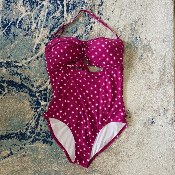 Ann Taylor LOFT Beach One Piece Swimsuit Size 14 Pink White Cutout Bandeau Adjus - Picture 1 of 12